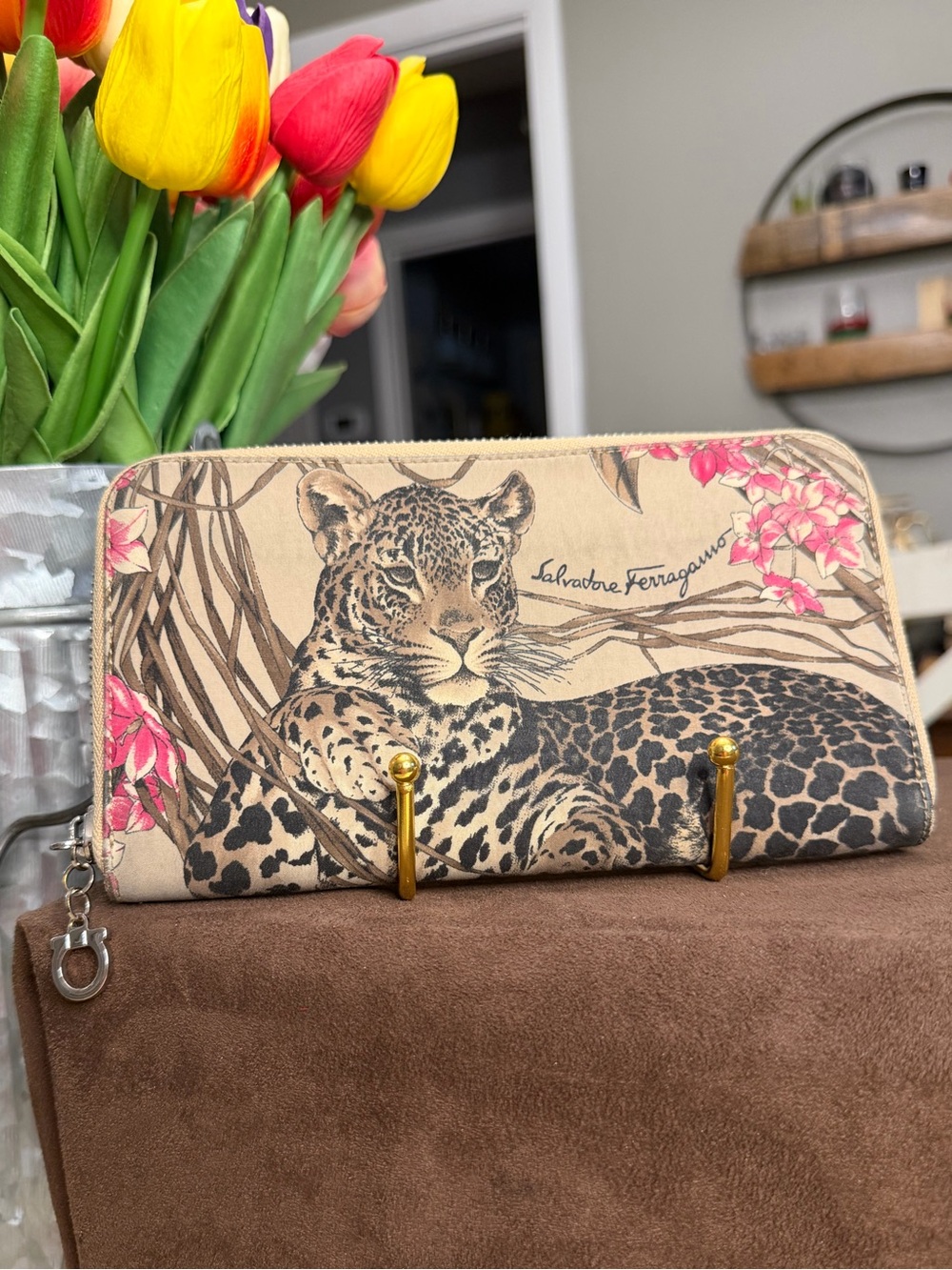 Salvatore Ferragamo Beige Zip Around Wallet with Leopard and Pink Florals